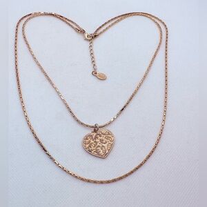 Textured Heart Two Strand Gold Tone Necklace Layered Look 16” And 20”